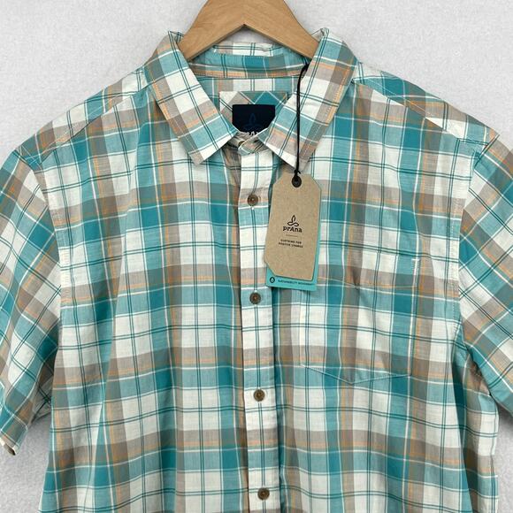 PRANA Shirt Mens L Benton Plaid Button Up Camp Organic Cotton Blend Blue NEW - Picture 4 of 15
